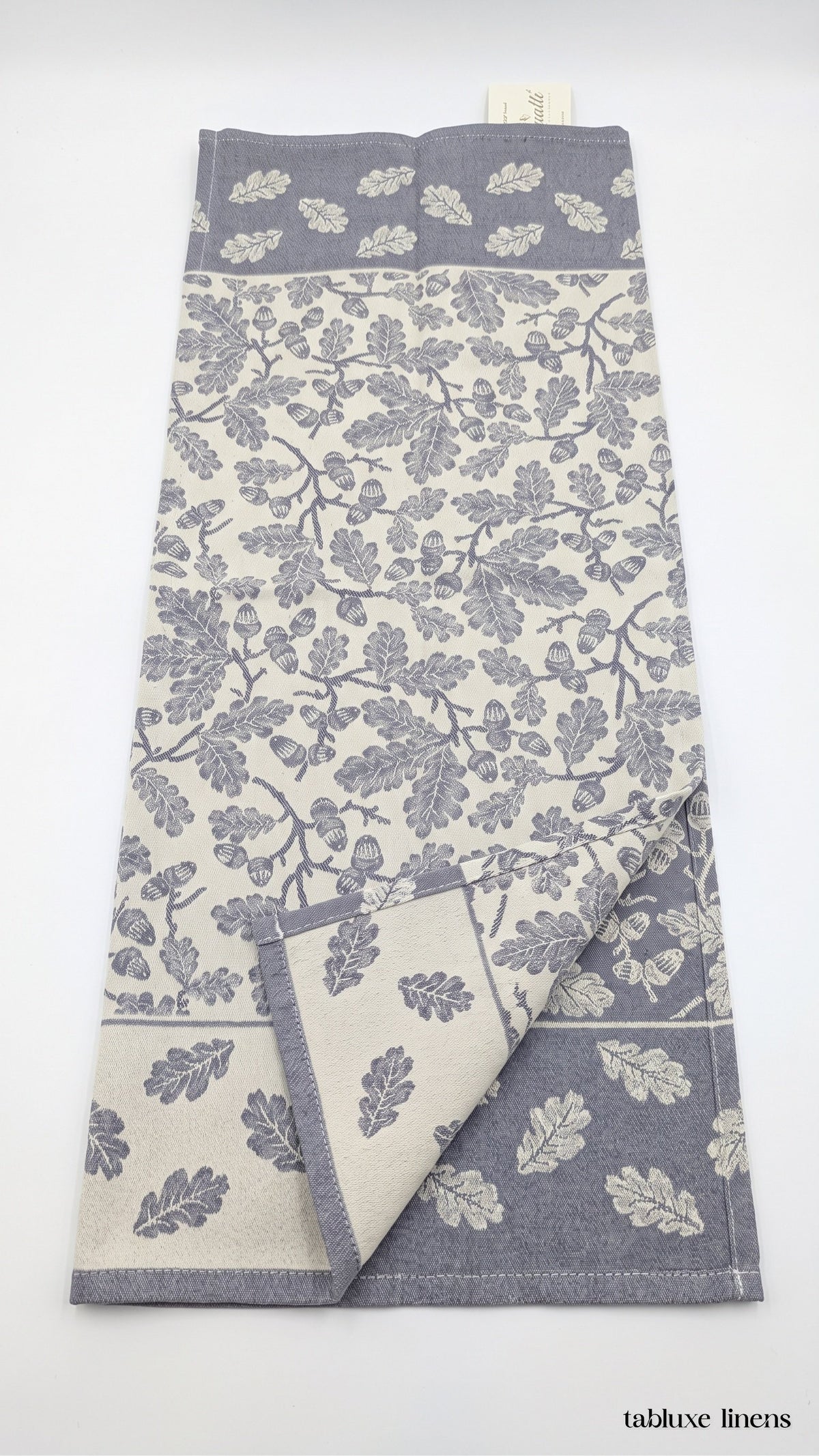 Busatti Rovere Navy jacquard towel showing front and reverse side of the weave