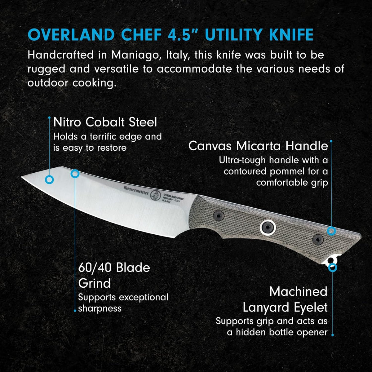 Messermeister Overland Chef 4.5 Inch Utility Knife | Nitro Cobalt Steel, Canvas Micarta Handle & Hidden Bottle Opener