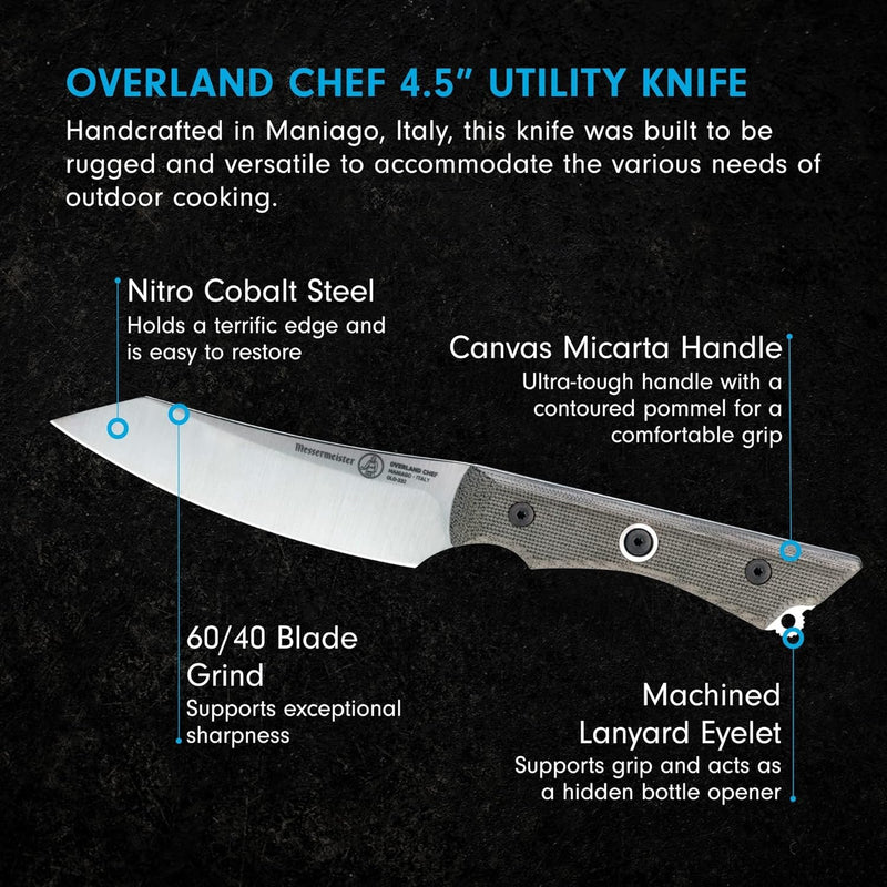 Messermeister Overland Chef 4.5 Inch Utility Knife | Nitro Cobalt Steel, Canvas Micarta Handle & Hidden Bottle Opener