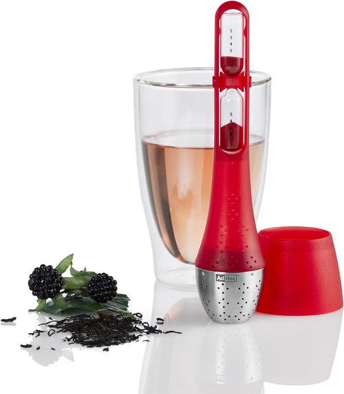 AdHoc Teatime Tea Filter, with Rotatable hourglass, Tea Strainer, Transparent, Stainless Steel / Plastic / Glass, Red, 20 cm, TE74