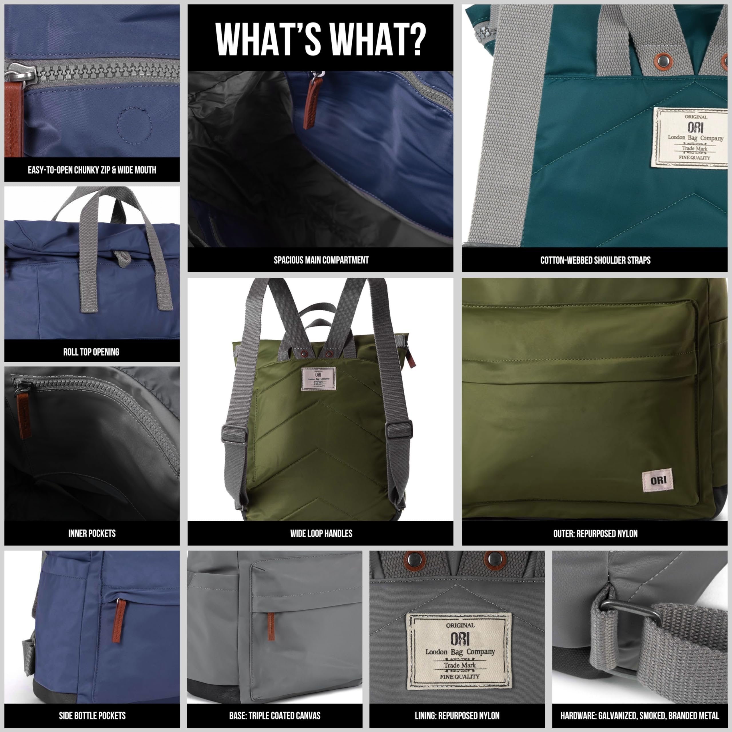 Unisex roll-top travel backpack in burnt blue by ORI London, shown front view