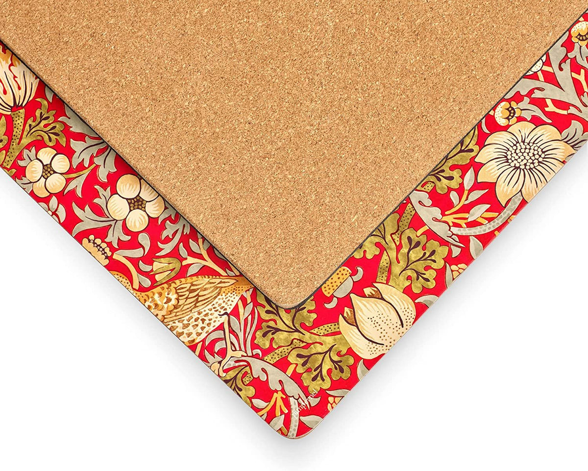 Pimpernel Morris & Co Strawberry Thief Red Collection Placemats | Set of 4 | Heat Resistant Mats | Cork-Backed Board | Hard Placemat Set for Dining Table | Measures 15.7” x 11.7”