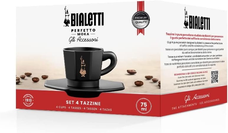 Bialetti Espresso Octagonal Cups 4-Set Matte Black and Rose Gold Decor, 75ml