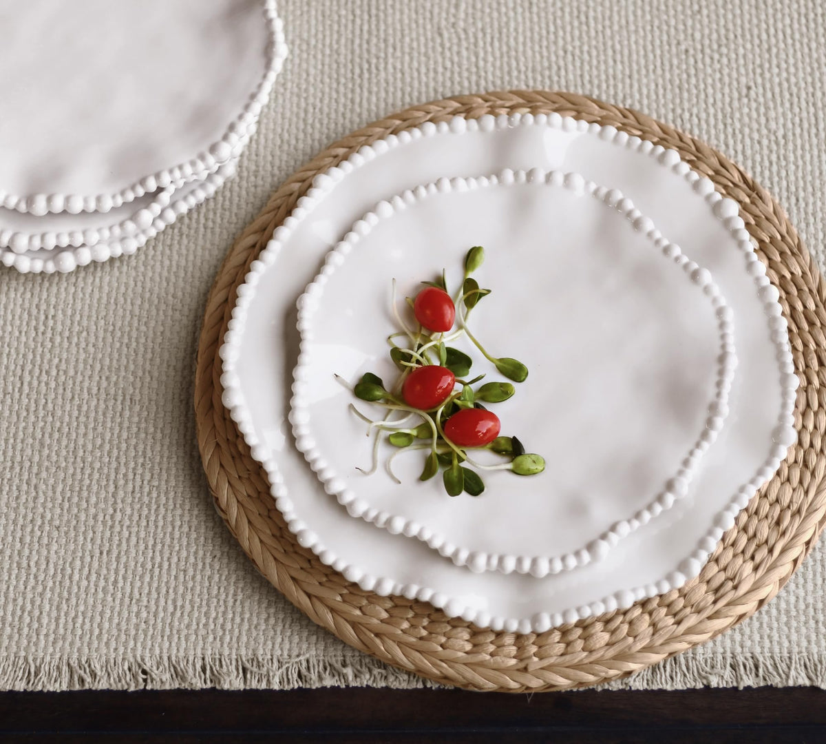 Beatriz Ball VIDA Alegria white salad plates set of 4 styled on dining table place setting