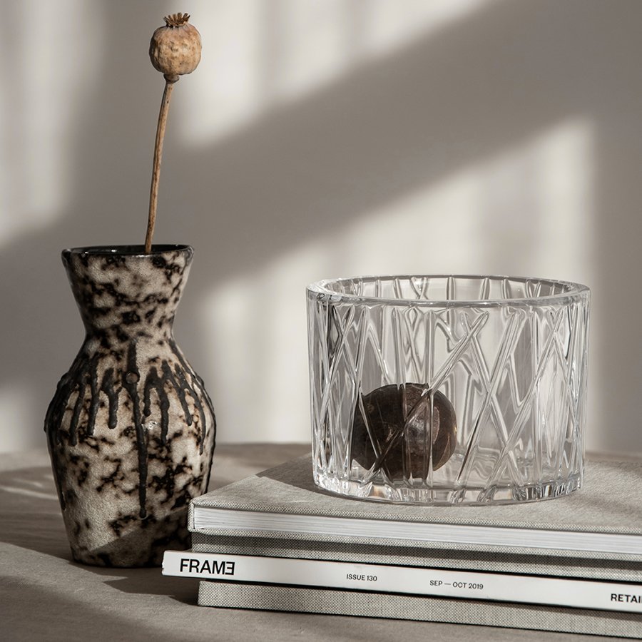 Orrefors City Bowl styled with fresh florals on console table