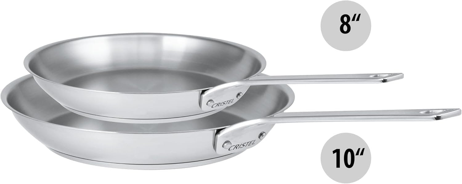 Cristel 1826 Collection 2-Piece Stainless Frying Pan Set, Made in France, 18/10 Stainless Steel, 3-Ply Construction, Double Riveted Fixed Handle, Oven and Dishwasher Safe
