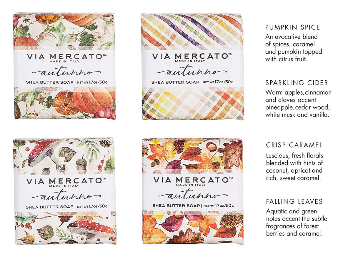 Via Mercato autumn soap set close-up four individually wrapped bars pumpkin cider caramel shea butter