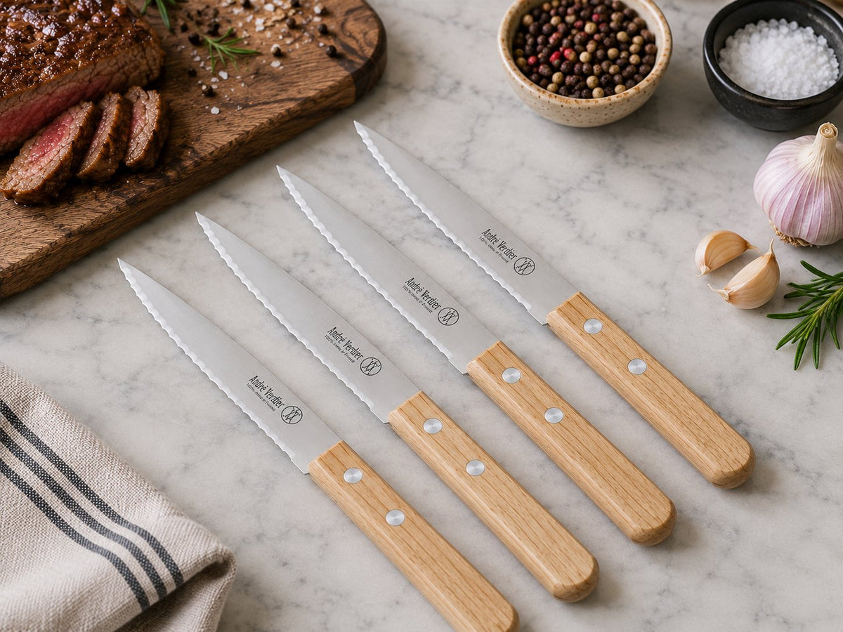 André Verdier steak knife close-up double serrated blade natural wood handle 2-rivet construction