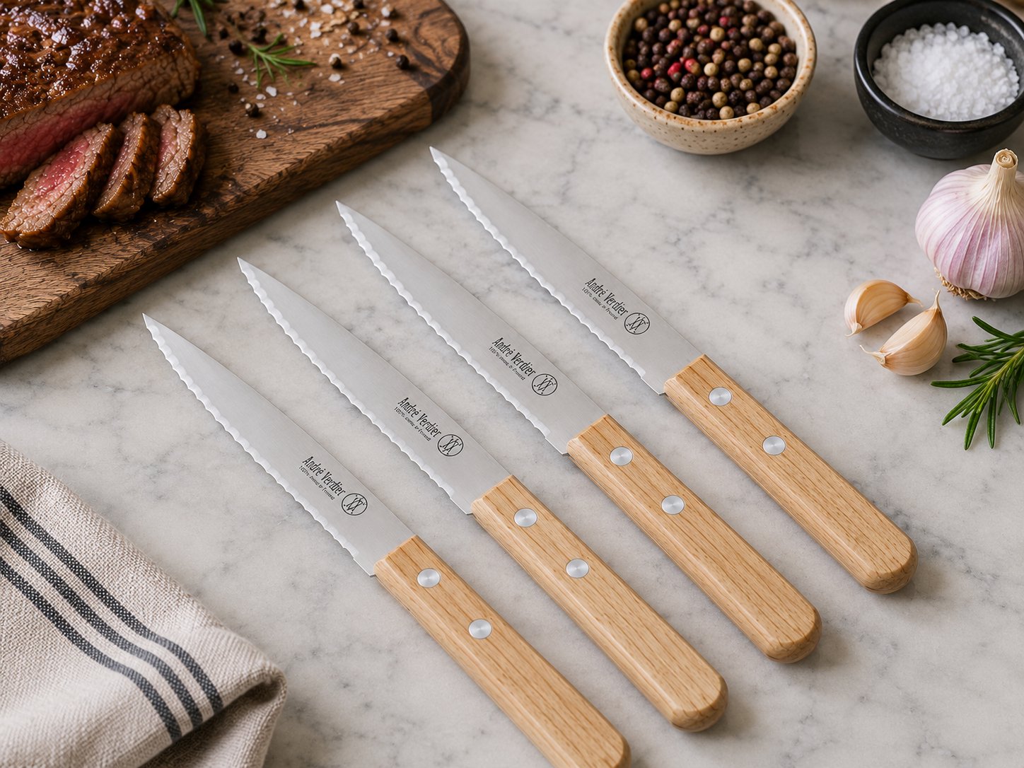 André Verdier steak knife close-up double serrated blade natural wood handle 2-rivet construction