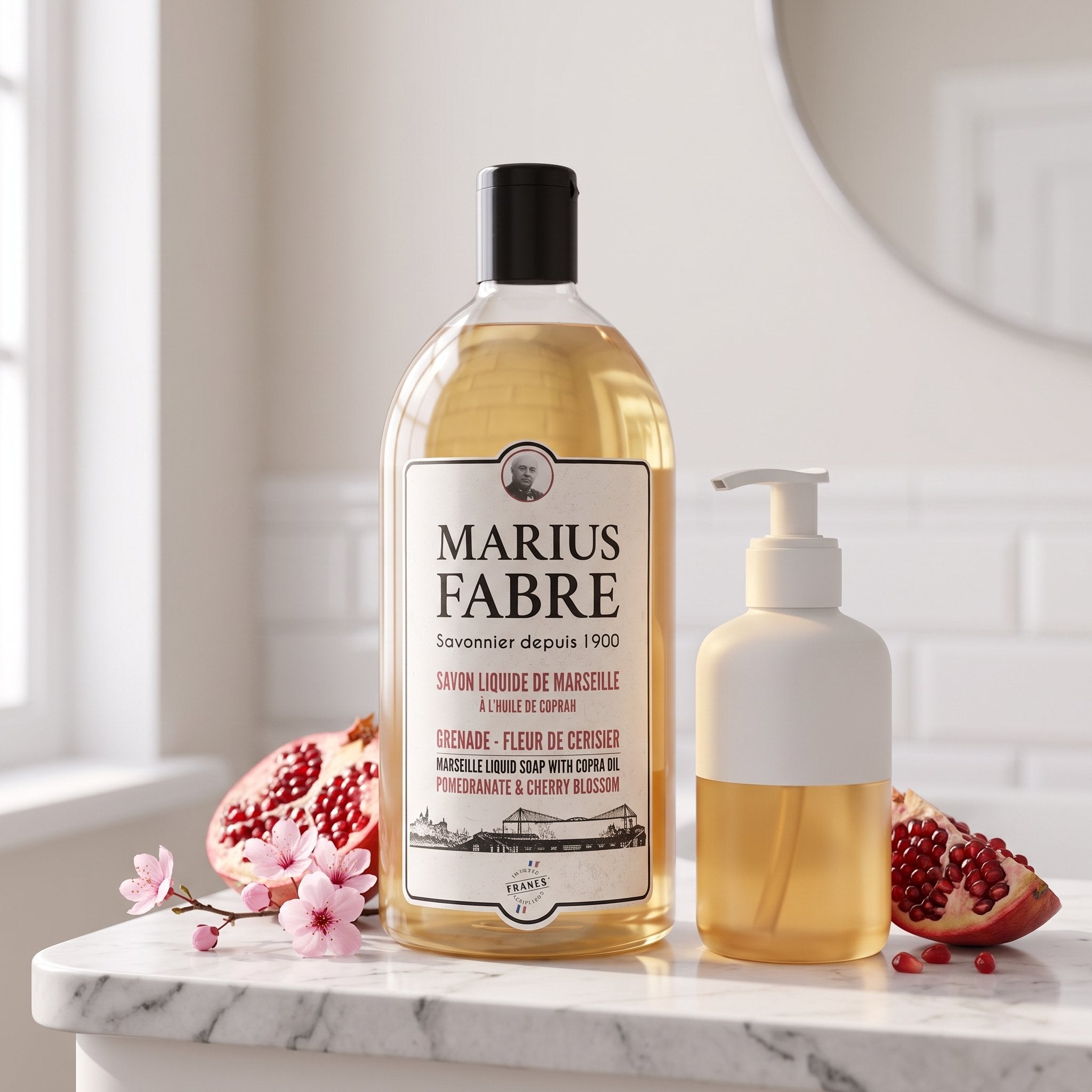 Marius Fabre Marseille Liquid Soap Refill | Pomegranate & Cherry Blossom | 1L on counter