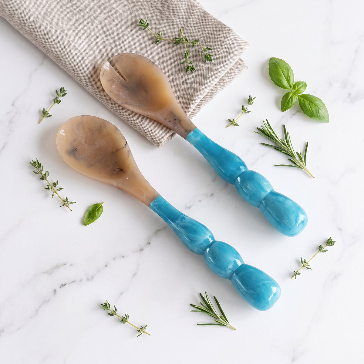 Beatriz Ball RESIN Rio Bubble Salad Servers Turquoise Unique Swirl Bridal Gift