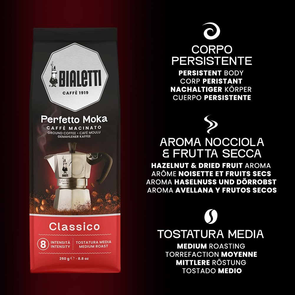 Bialetti Perfetto Moka Ground Coffee | Aroma-Saving Valve | 8.8 oz