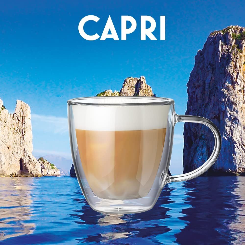 Bialetti Capri glassware styled with cappuccino and espresso