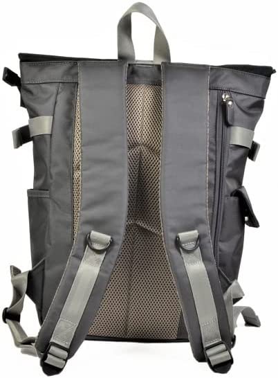 Gun-metal polyester rolltop daypack with rear zip access and side pockets