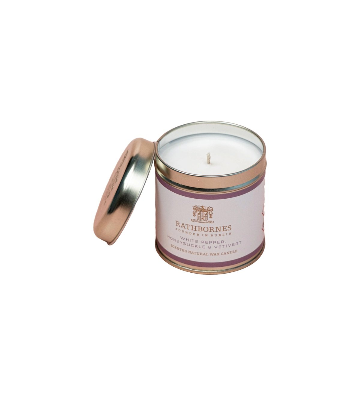 Rathbornes White Pepper Honeysuckle and Vetivert Scented Natural Wax Candle in a Tin Fragrance 40-hours Clean Burn