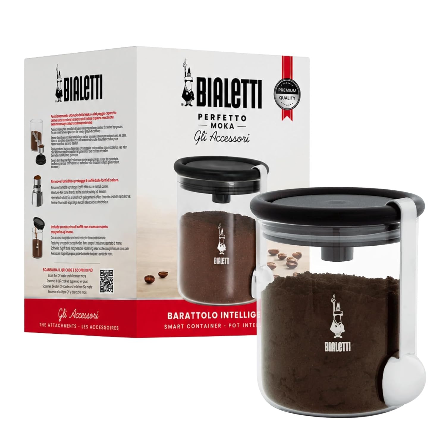 Bialetti Smart Coffee Jar glass airtight canister 8.8oz with stainless steel spoon on white background
