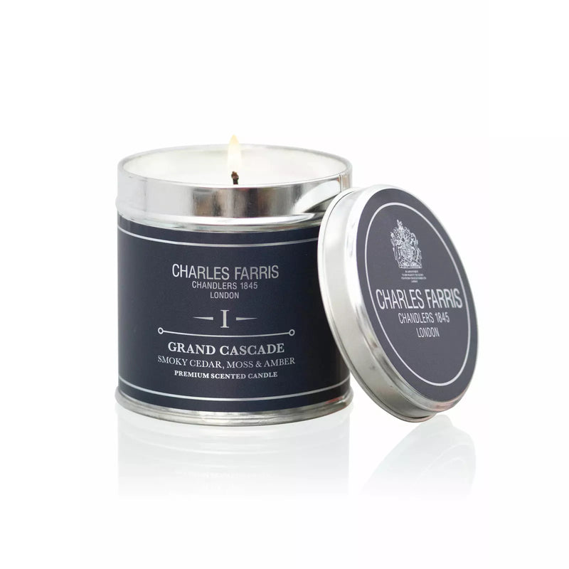 Charles Farris Grand Cascade Scented Tin Candle | Smoky Cedar, Moss and Amber