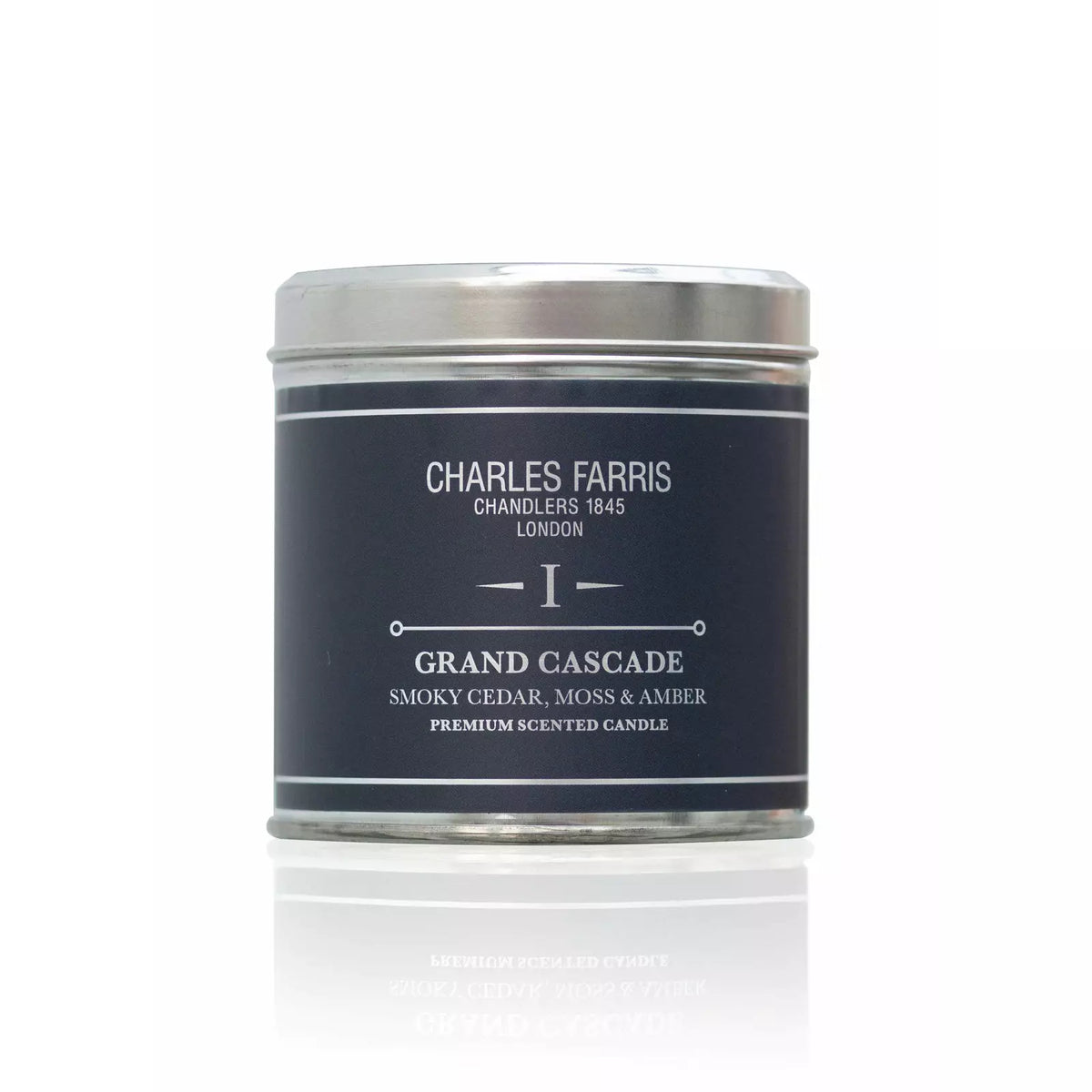 Charles Farris Grand Cascade Scented Tin Candle | Smoky Cedar, Moss and Amber