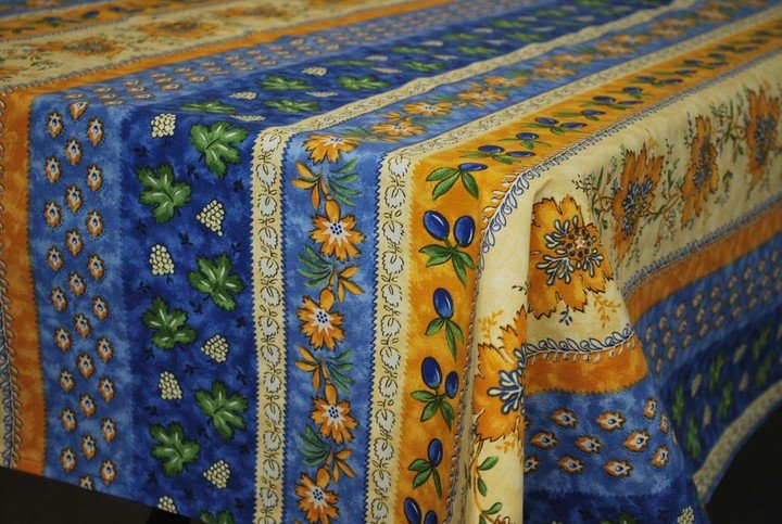 Monaco Blue Provencal Tablecloth | 60” x 84” | Easy Care Coated Cotton