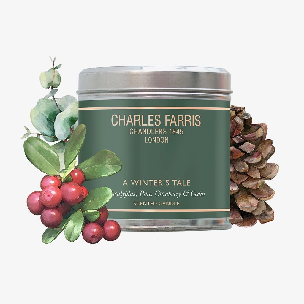 Charles Farris Scented Candle Winter Evergreen in a Tin Fragrances of Eucalyptus Pine Cranberry & Cedar 300g Holiday Scents