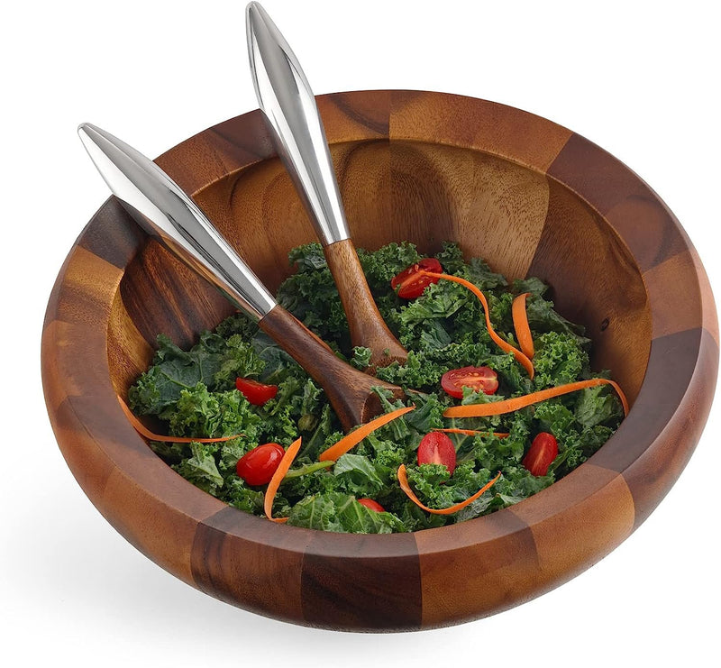 Nambe Yaro Acacia Wood Salad Bowl with 2 Salad Servers | Made of Acacia wood and Nambe Alloy | Large Deep Wooden Bowls | Acacia Wood Salad Bowl Set | Designed by Sean O’hara