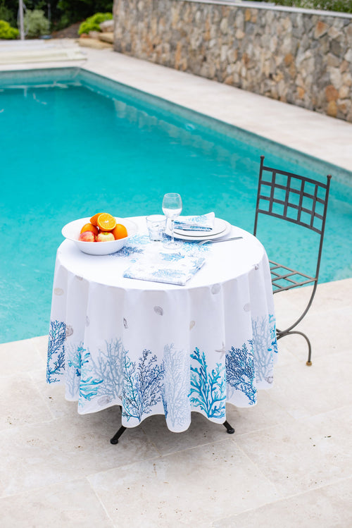 Lagon Blue & White Provencal Tablecloth | 70" Round | Easy Care Coated Cotton