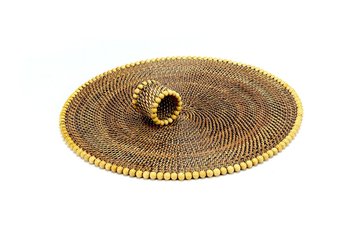 Artisan Woven Rattan Round Luxury Placemats with Natural Beads | Set of 4