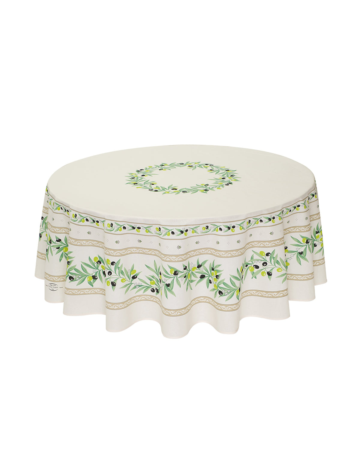 Ramatuelle Olives Ecru Provencal Tablecloth | 70" Round | Easy Care Coated Cotton