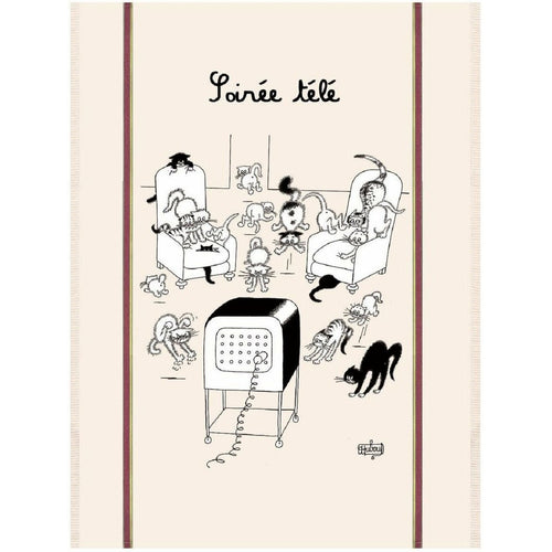 Kitchen Towel French Vintage The Cats by Dubout Evening TV 60 x 80 cm - Home Decors Gifts online | Fragrance, Drinkware, Kitchenware & more - Fina Tavola