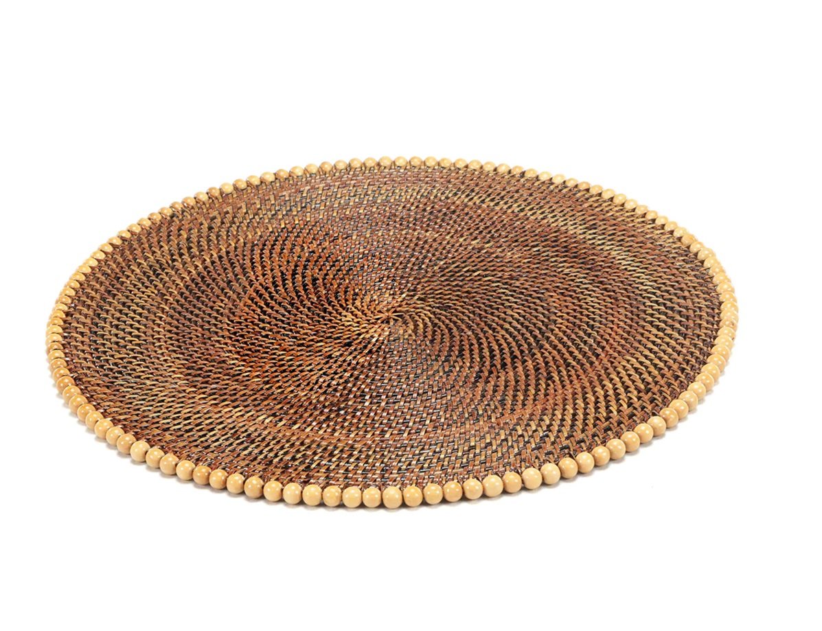 Artisan Woven Rattan Round Luxury Placemats with Natural Beads | Set of 4