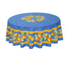 Citron Blue Provencal Tablecloth | 90" Round | Easy Care Coated Cotton