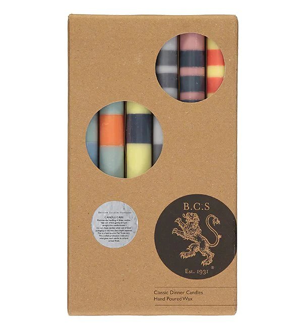 Tall Dinner Striped Candles Mixed Hand Poured | Box of 6