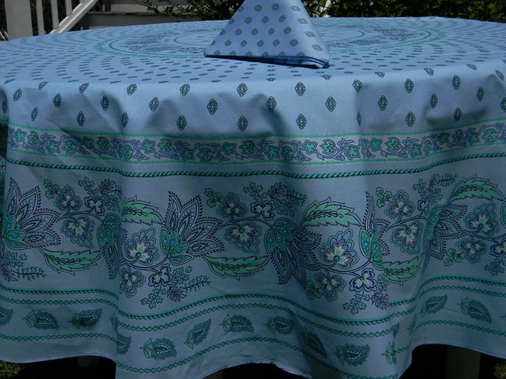 Lisa Turquoise Provencal Tablecloth | 70" Round | Easy Care Coated Cotton