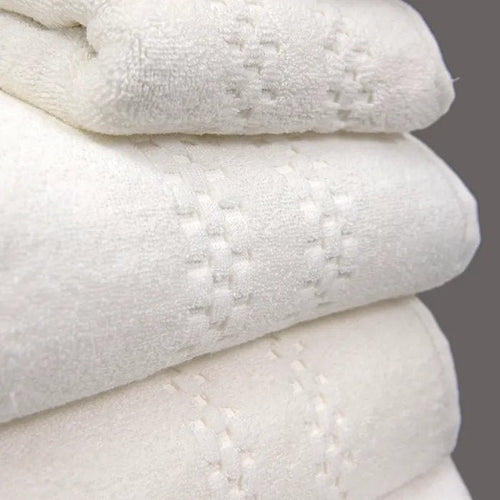 Garnier-Thiebaut White Towels Set 6-Pieces (2 Bath Towels, 2 Hand Towels, 2 Face Towel ) Mini-Squares Border Design