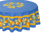 Citron Blue Provencal Tablecloth | 90" Round | Easy Care Coated Cotton