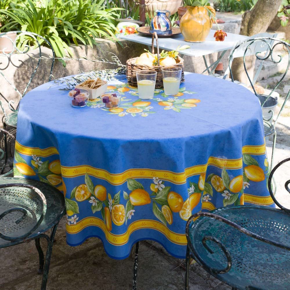 Citron Blue (Bleu) Provencal Tablecloth | 70" Round | Easy Care Coated Cotton