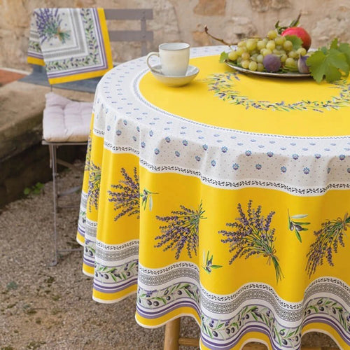 Lauris Yellow Provencal Tablecloth | 90" Round | Easy Care Coated Cotton