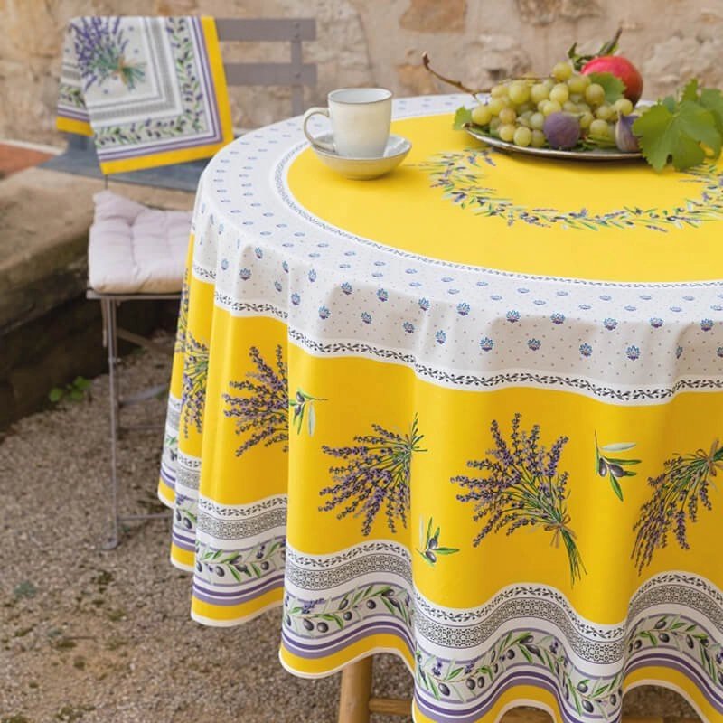 Lauris Jaune Provencal Tablecloth | 90" Round | Easy Care Coated Cotton