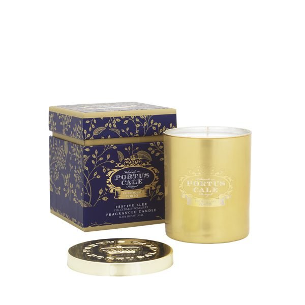 Portus Cale Festive Blue Scented Candle in Golden Vase