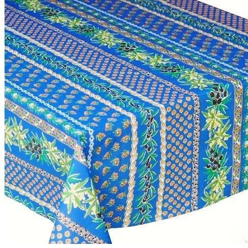 Le Cluny French Provence Tablecloth, 60" x 96" Rectangular, Coated Cotton Olives Blue, Easy Care