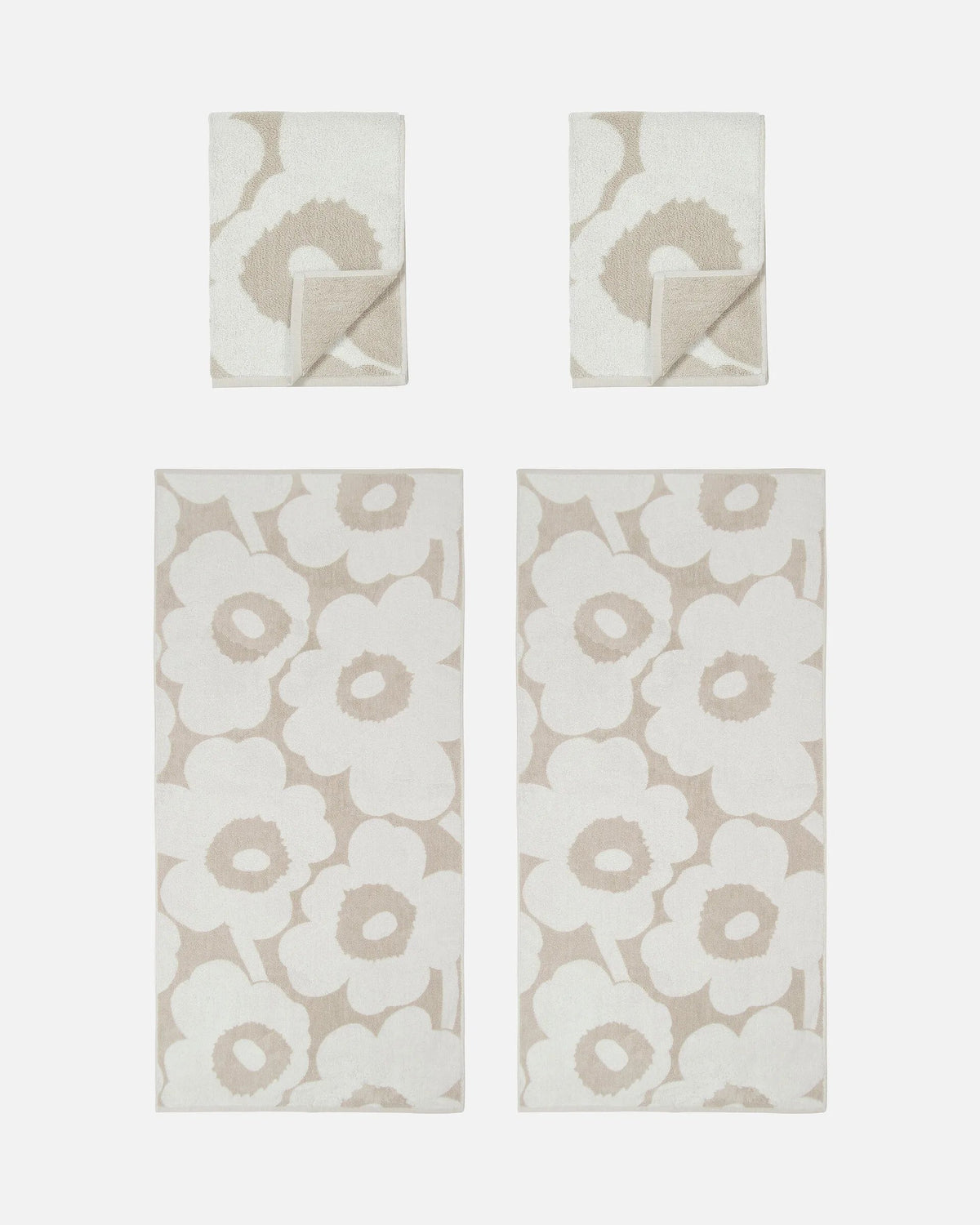 Marimekko Unikko Bath Towel Set | Beige & White | 4 Piece Cotton Terry Set