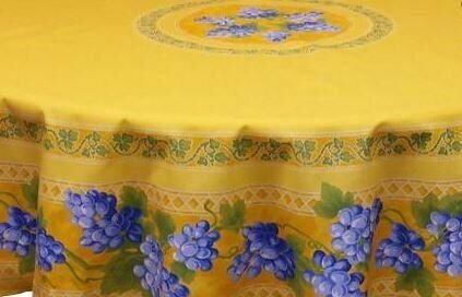Grapes Yellow Provencal Tablecloth | 70" Round | Easy Care Coated Cotton