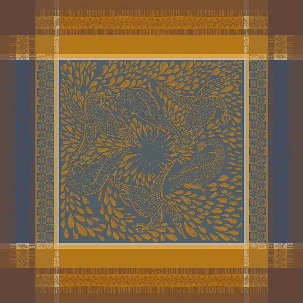 Garnier Thiebaut Jacquard Square Tablecloth Anhinga Bleu Dore - Thumbnail 3