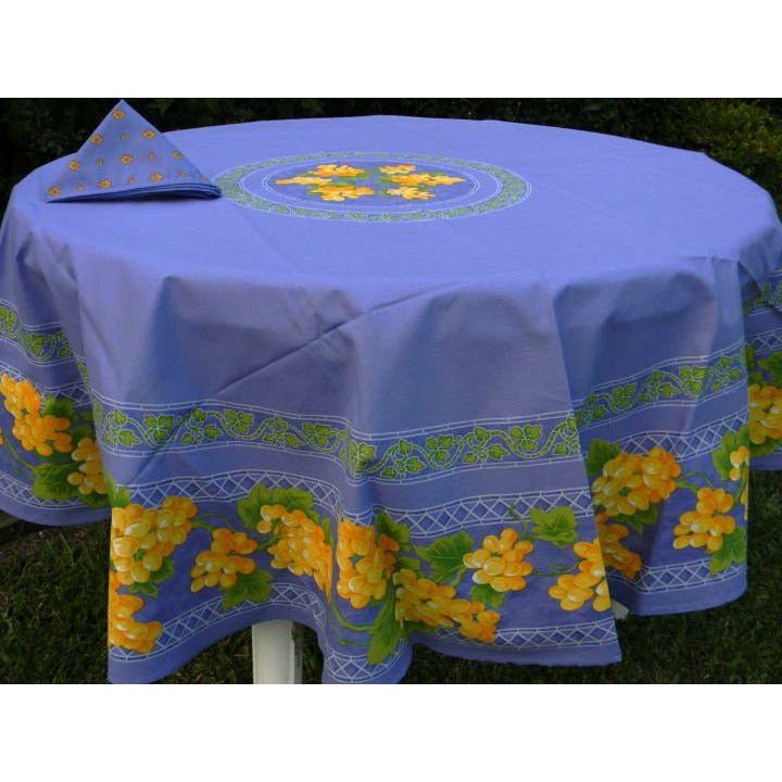 Le Cluny Grape Blue Coated Provencal Tablecloth | Easy-Care Cotton | 70" Round