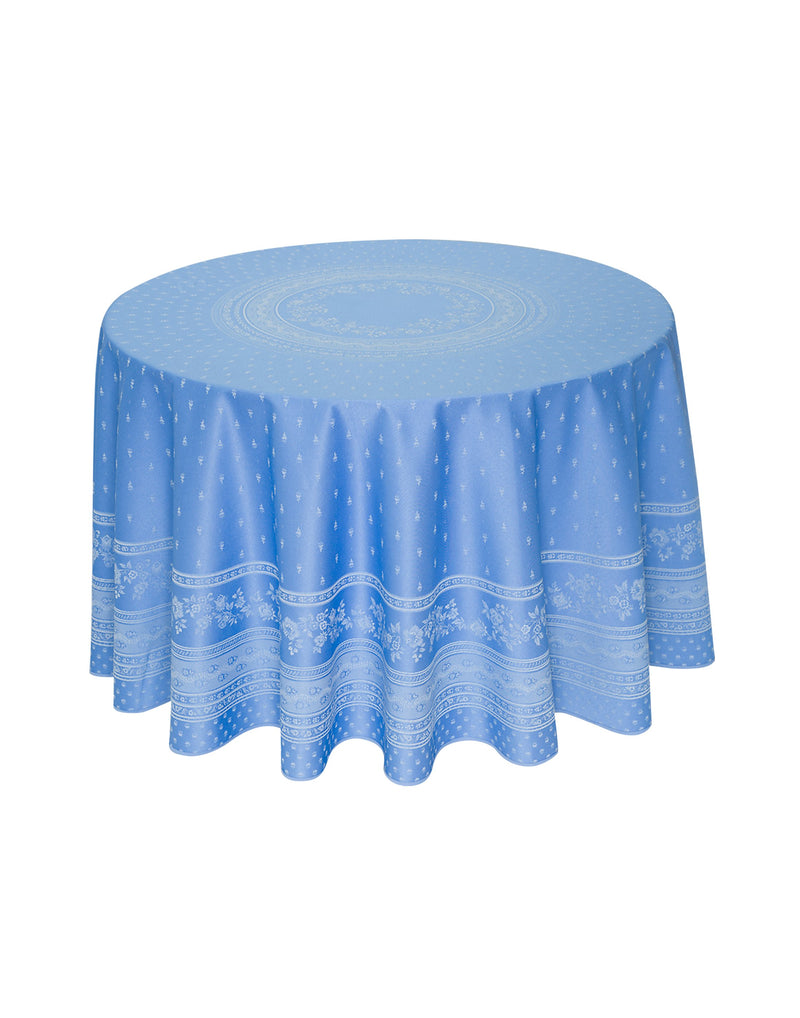 Jacquard Blue Round Provencal Tablecloth | 90" D | Easy Care Luxury French Linen