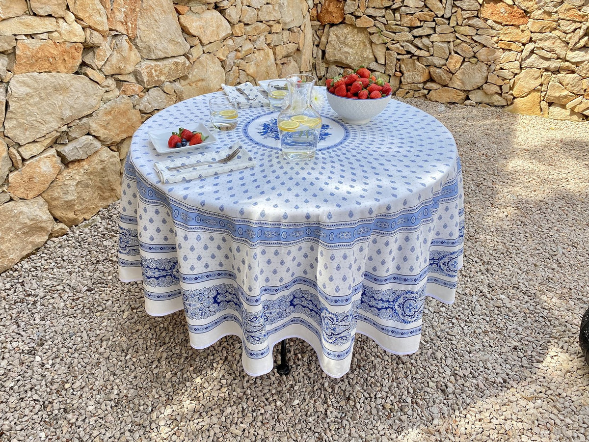 Bastide White & Blue Round Provencal Tablecloth | 70" Round | Easy Care Coated Cotton