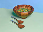 Nambe Yaro Acacia Wood Salad Bowl with 2 Salad Servers | Made of Acacia wood and Nambe Alloy | Large Deep Wooden Bowls | Acacia Wood Salad Bowl Set | Designed by Sean O’hara