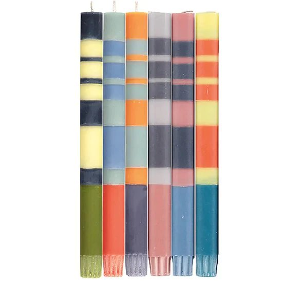 Tall Dinner Striped Candles Mixed Hand Poured | Box of 6
