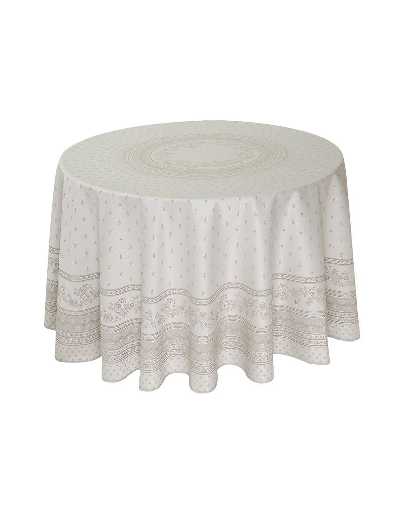 Jacquard Ecru Round Provencal Tablecloth | 90" D | Easy Care Luxury French Linen