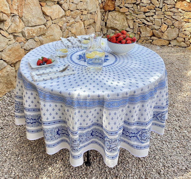 Bastide White & Blue Provencal Tablecloth | 90" Round | Easy Care Coated Cotton